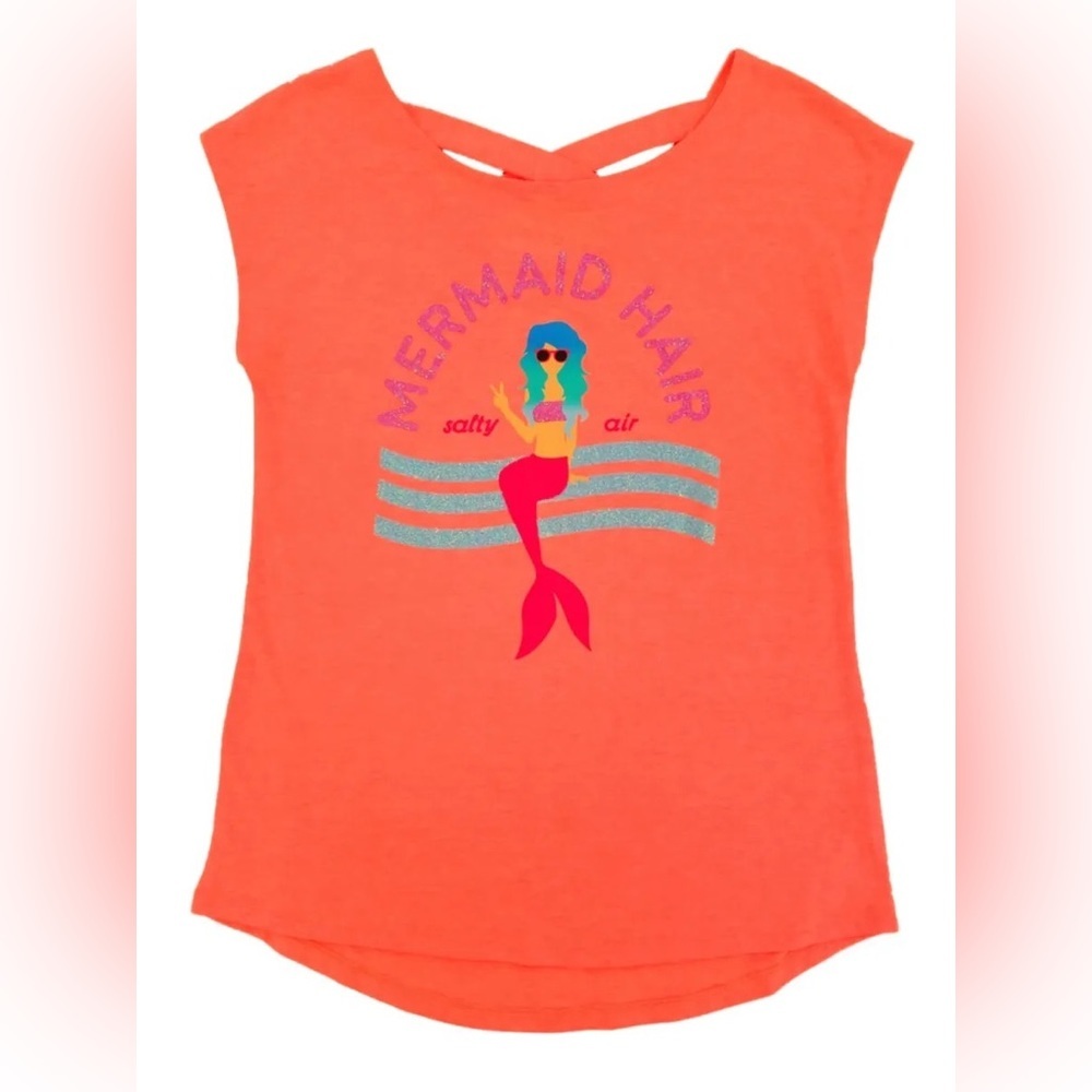 Girls Coral Orange Glitter Mermaid Hair Salty Air T-Shirt Tee Shirt Top sz xl